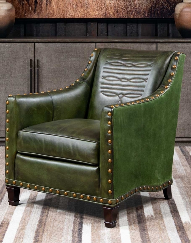 Western Leather Accent Chair, Olive Green Bootstitch & Nailhead Trim