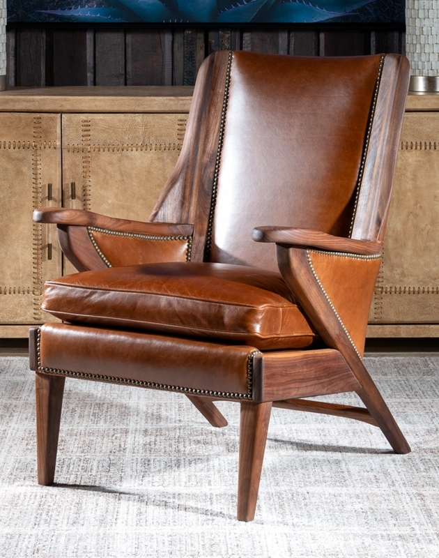 Western Style Leather Armchair Cognac Finish Track Arms Piped Seams