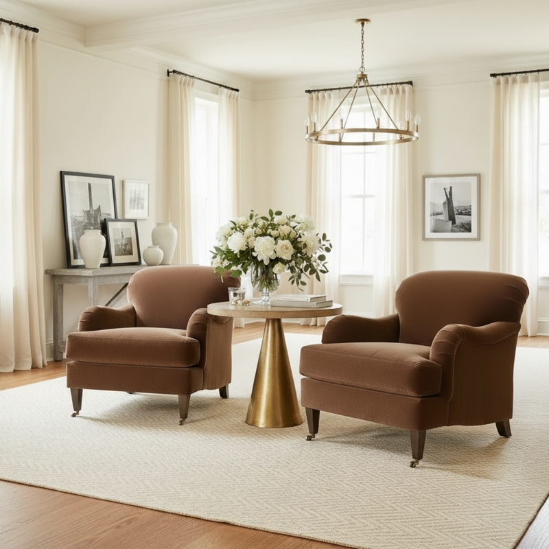 White Accent Chair featuring English Roll Arms and Front Casters