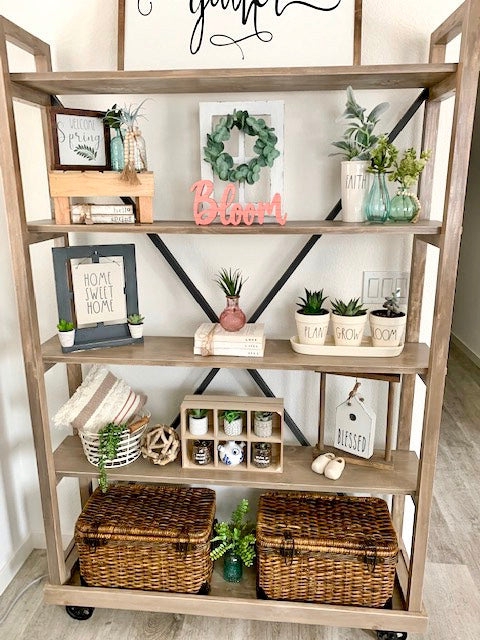 White Beadboard Back Bookcase; Modern Farmhouse Styling.