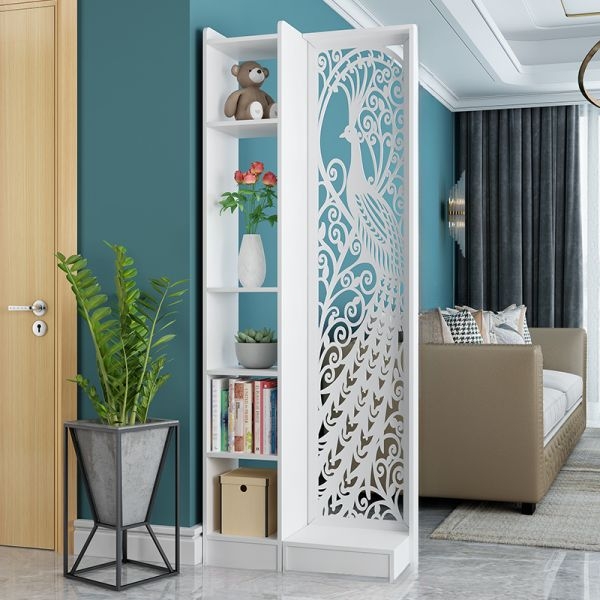White Bookcase Room Divider with Laser Cut Peacock Silhouette