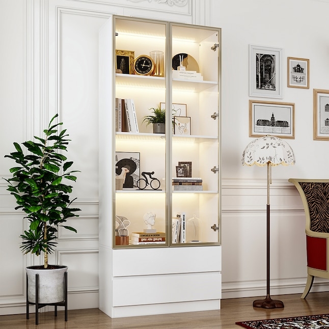 White Bookcase with Aluminum Frame Glass Doors and Drawers