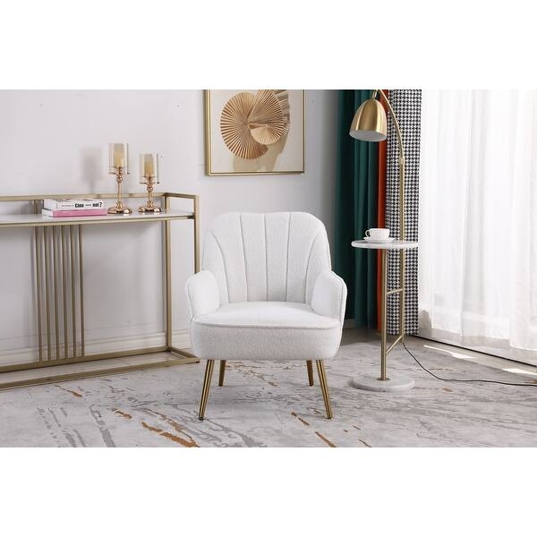 White Boucle Accent Chair with Curved Silhouette and Tapered Wood Legs