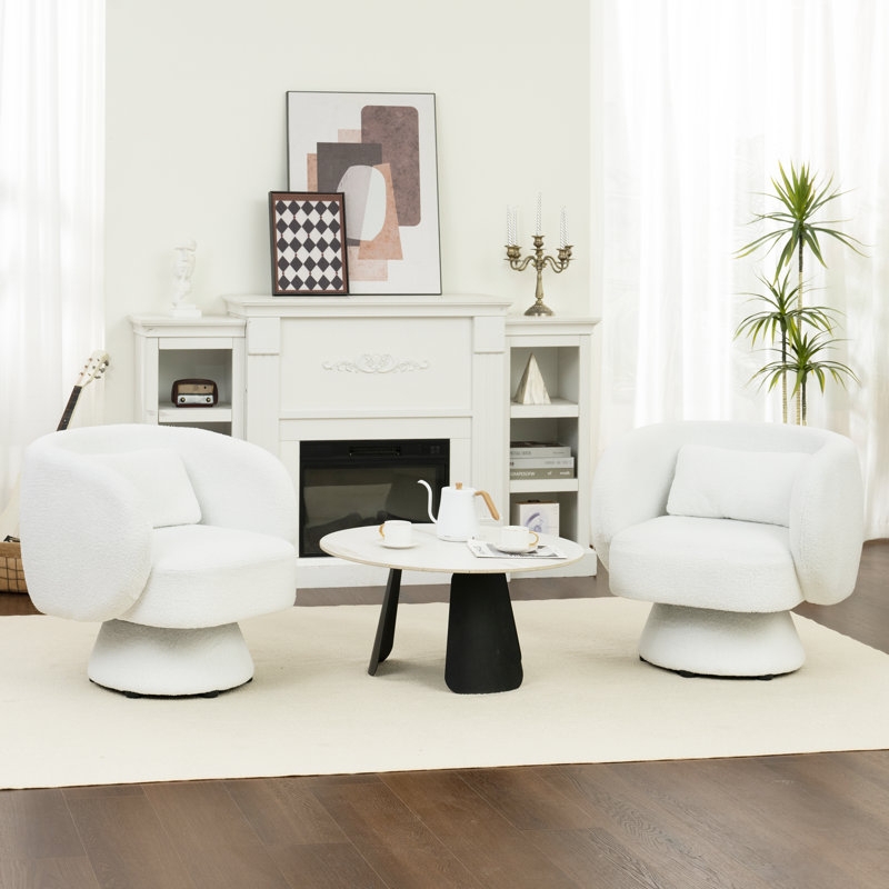 White Boucle Swivel Accent Chair with Modern Circular Seat