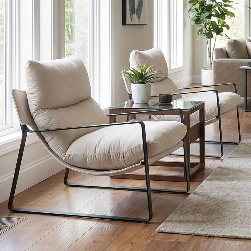 White Chenille Armchair Pair with Metal Cross Base for Living Room