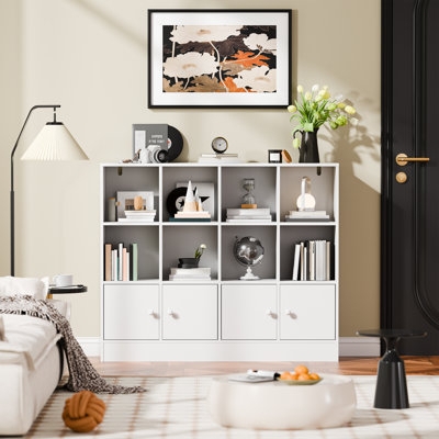 White Cube Bookcase 12-Grid Storage Integrated Doors Minimalist