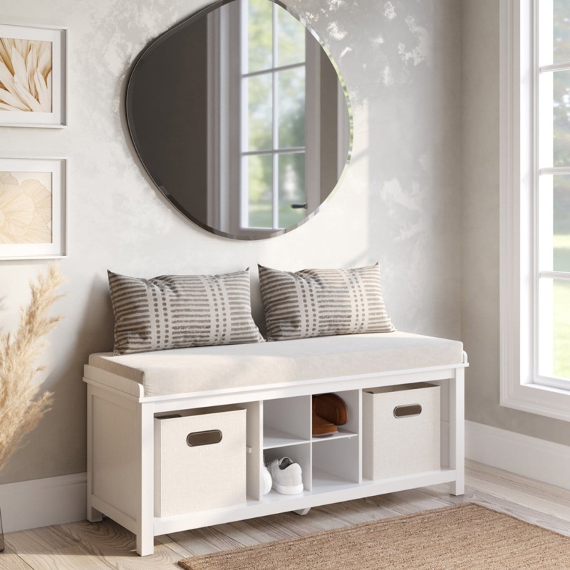 White Entryway Bench with Cubby Storage and Removable Bins