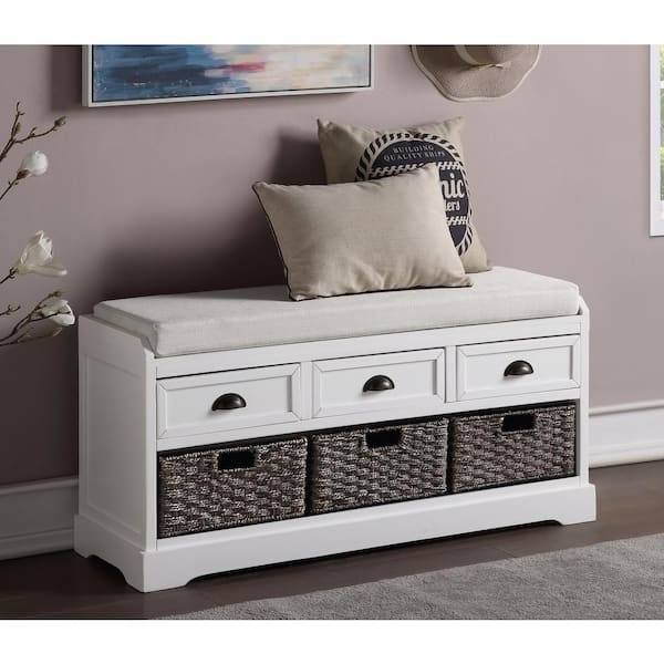White Farmhouse Storage Bench with Integrated Baskets and Three Drawers