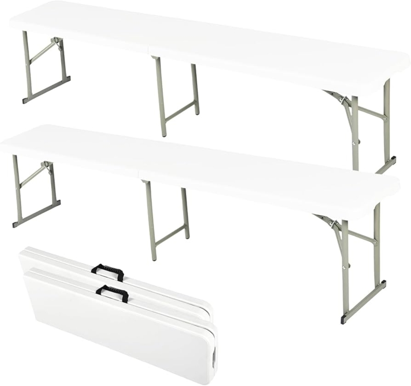 White Folding Bench Set with Integrated Handle, Portable Picnic Seating