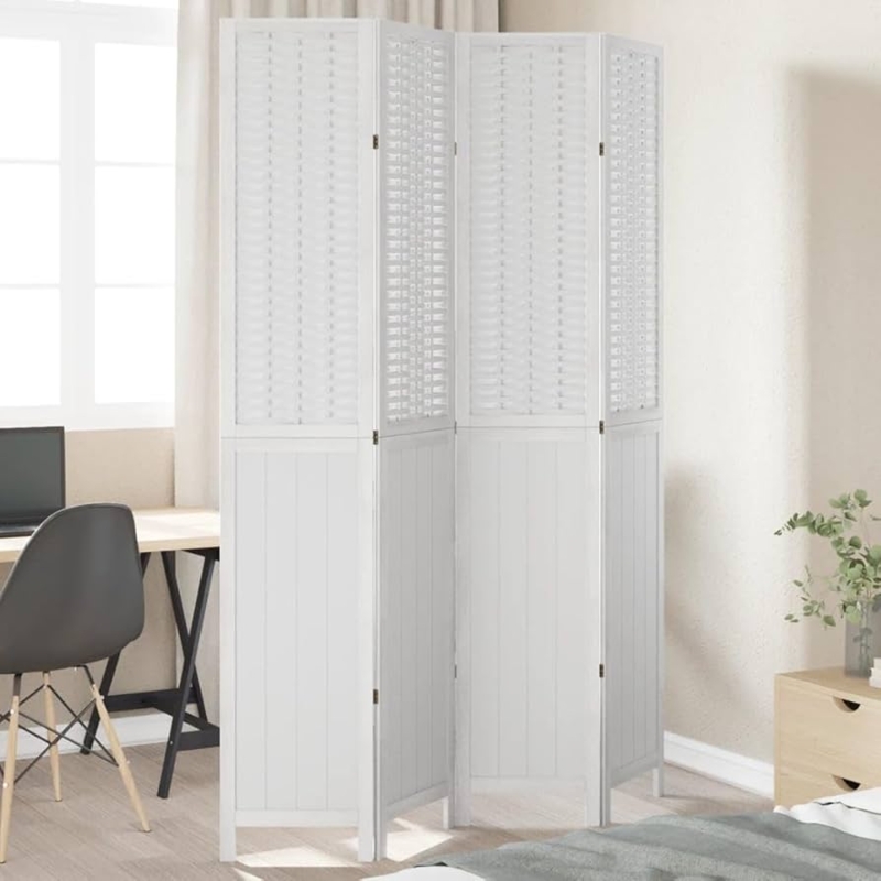 White Folding Room Divider with Woven Lattice Top and Slatted Base