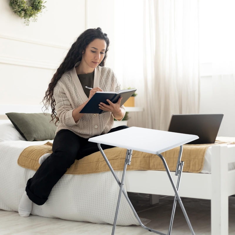 White Folding Tv Tray Table Set of 2 Matte Finish Minimalist