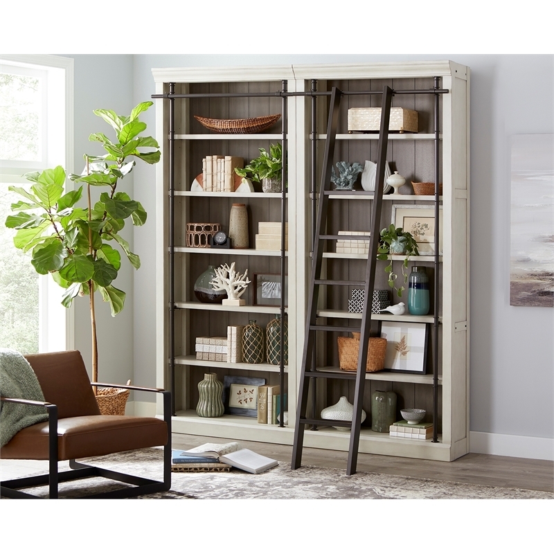 White Library Wall Bookcase with Rolling Ladder and Desk