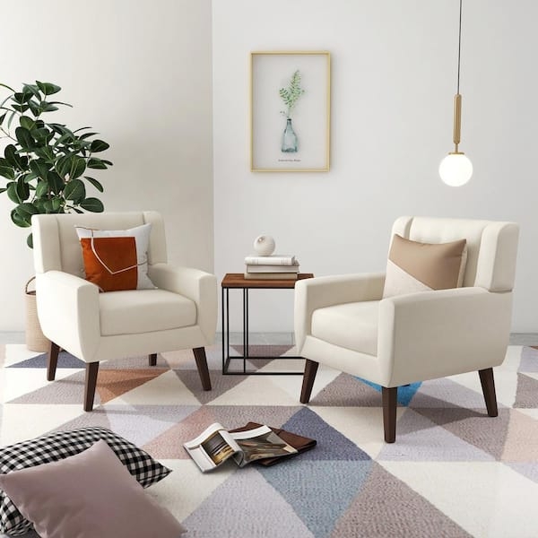 White Linen-Look Accent Chair with Track Arms and Tufted Cushions