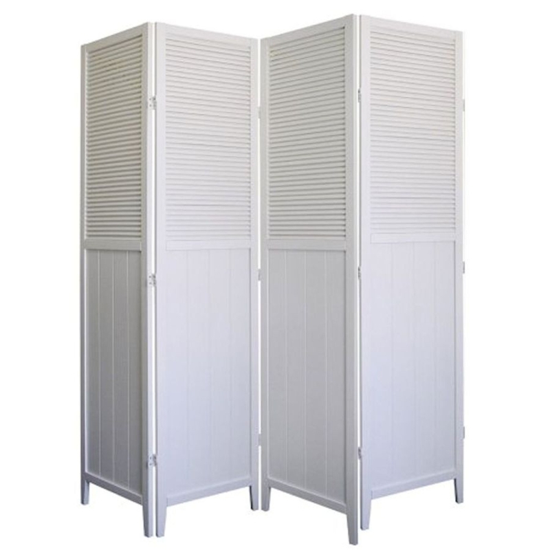 White Louvered Room Divider 4 Panel Privacy Screen with Shutter Style