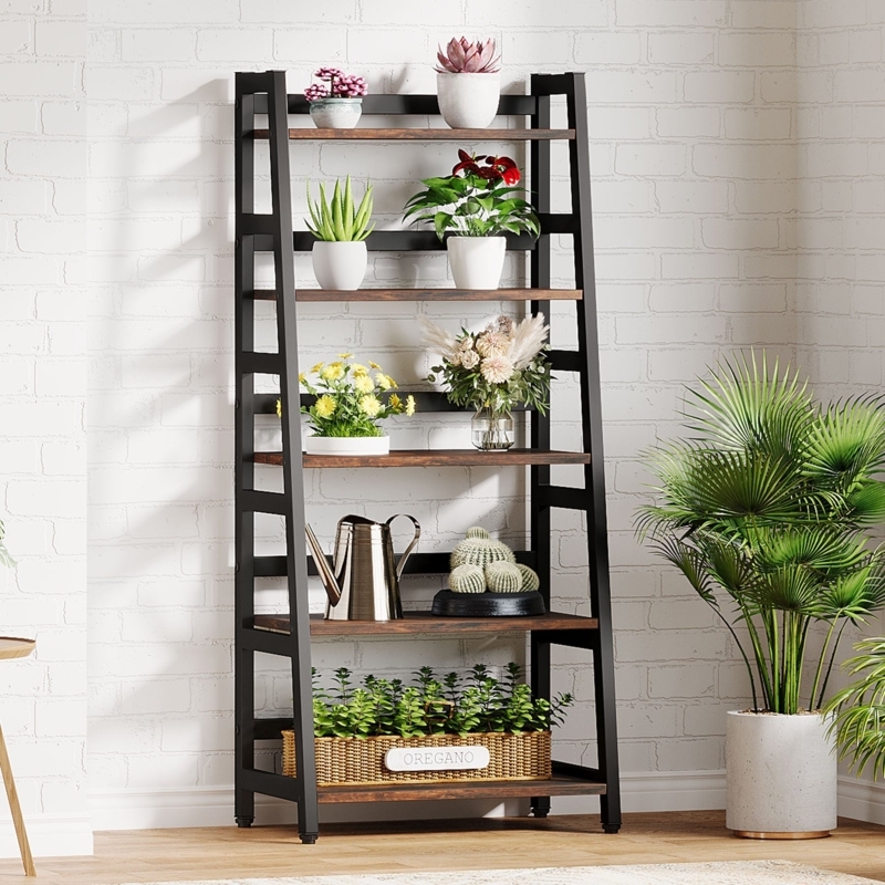 White Metal Frame Bookcase Rustic Wood Shelves with X-Cross Back