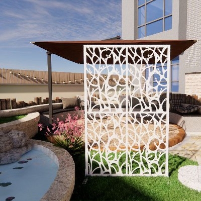White Metal Privacy Screen with Laser Cut Bird Motif