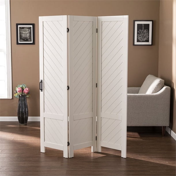 White Modern Farmhouse Room Divider with Diagonal Slat Design