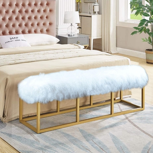 White Mongolian Fur Bench Gold Geometric Open Frame