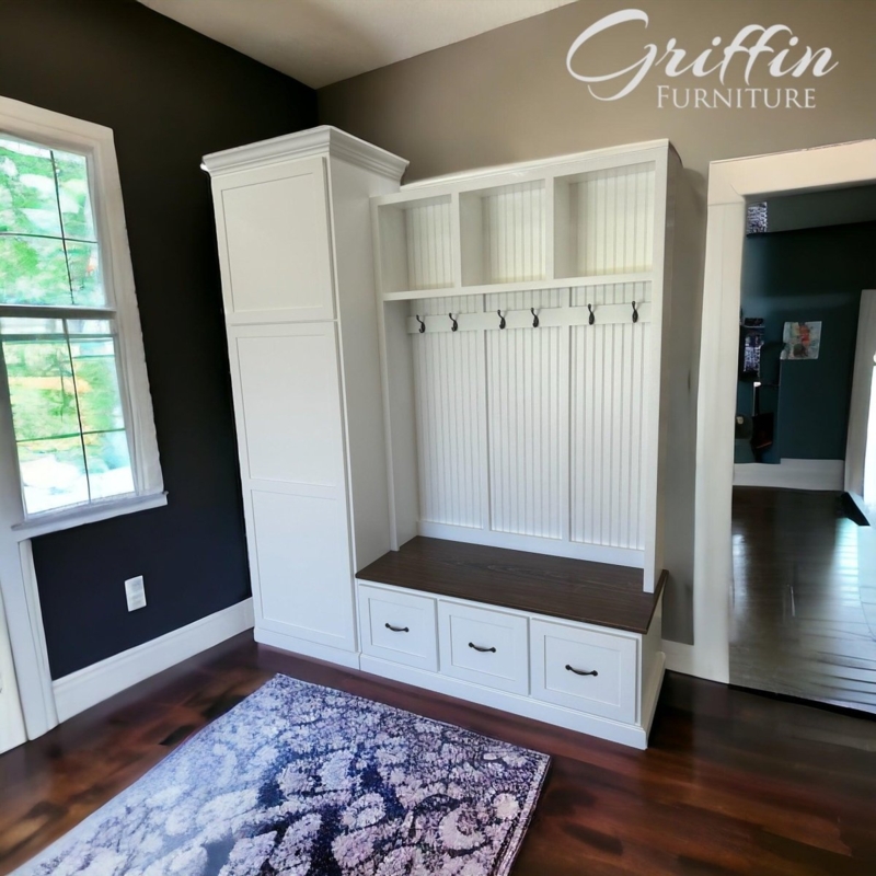 White Mudroom Hall Tree with Drawers, Integrated Wardrobe, and Beadboard