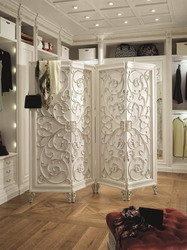White Room Divider with Intricate Scrollwork Carvings
