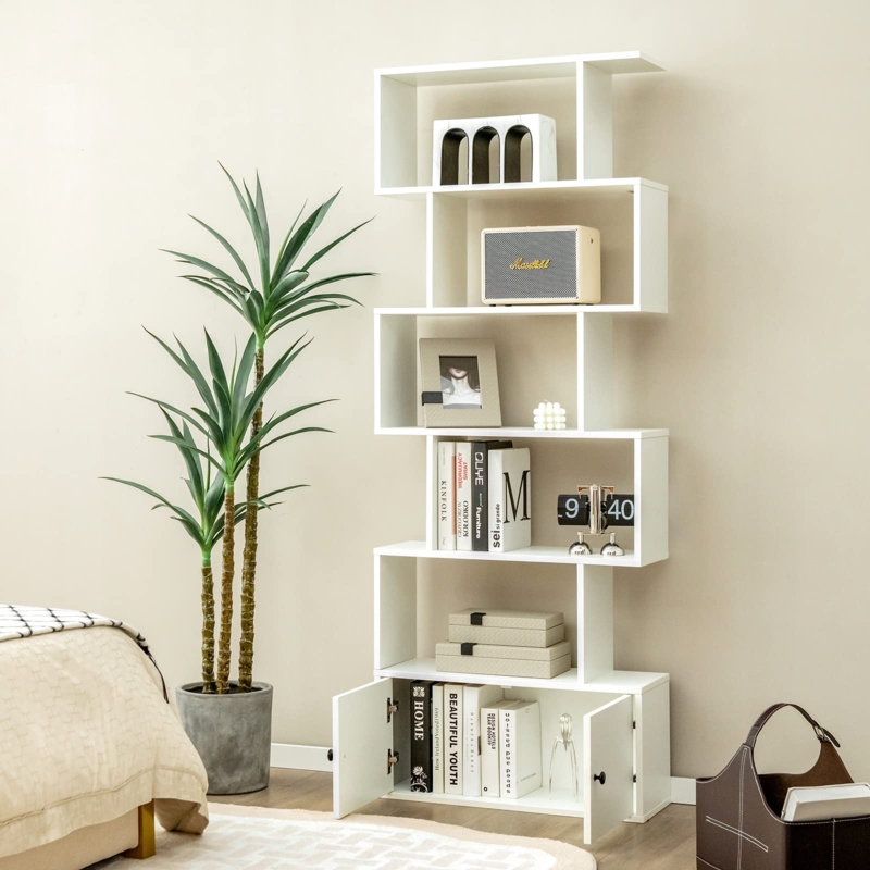White S-Shaped Bookshelf with Closed Cabinets