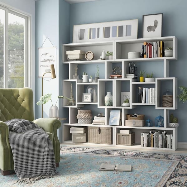 White S-Shaped Shelves Staggered Geometric Bookcase