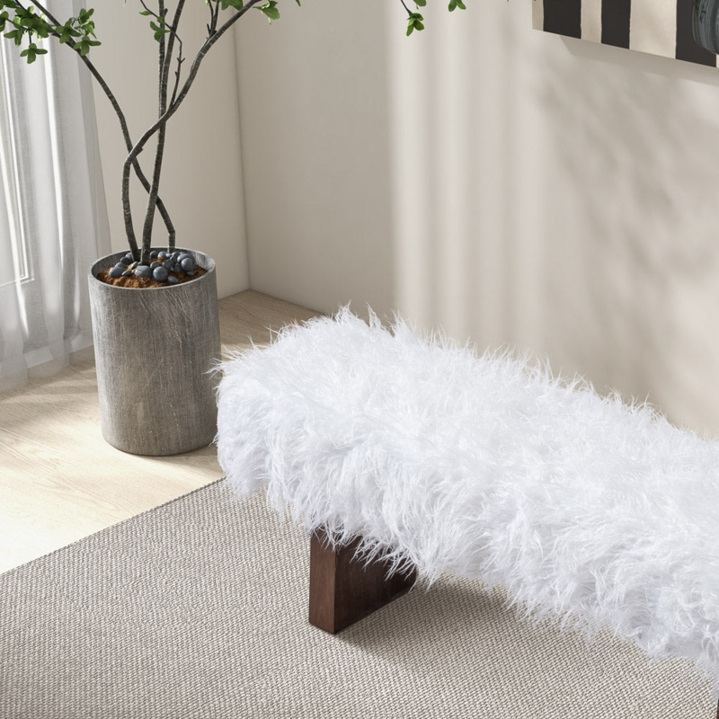 White Shaggy Faux Fur Bench Dark Wood Block Legs Matte
