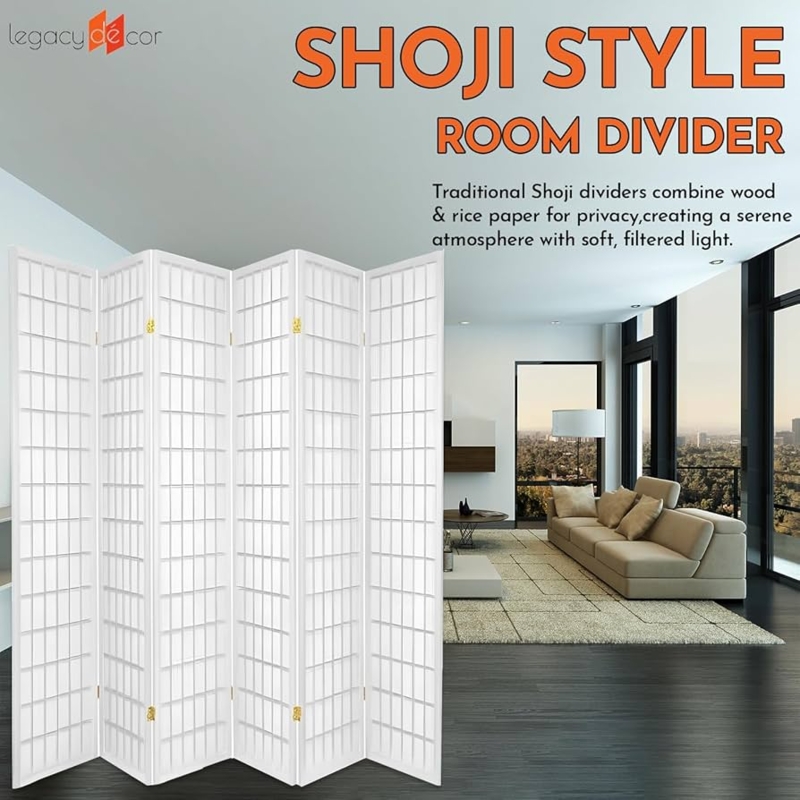 White Shoji Room Divider Six Panel Japanese Style Privacy Partition