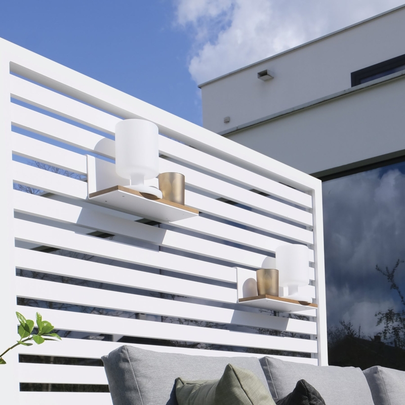 White Slatted Outdoor Privacy Screen with Integrated Shelves