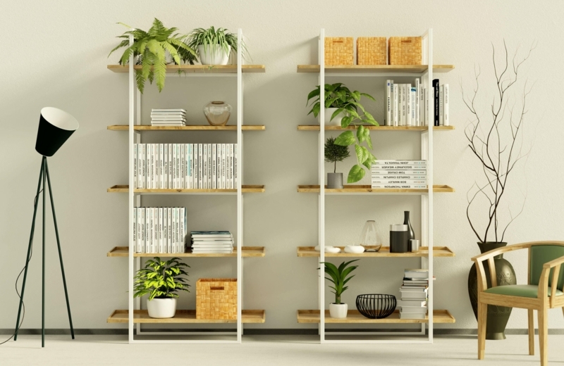 White Steel Frame Bookcase Wood Shelves Modern Minimalist