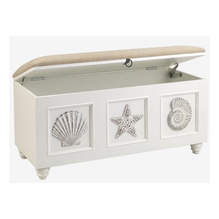 White Storage Bench with Sea Life Reliefs and Linen-Like Seat