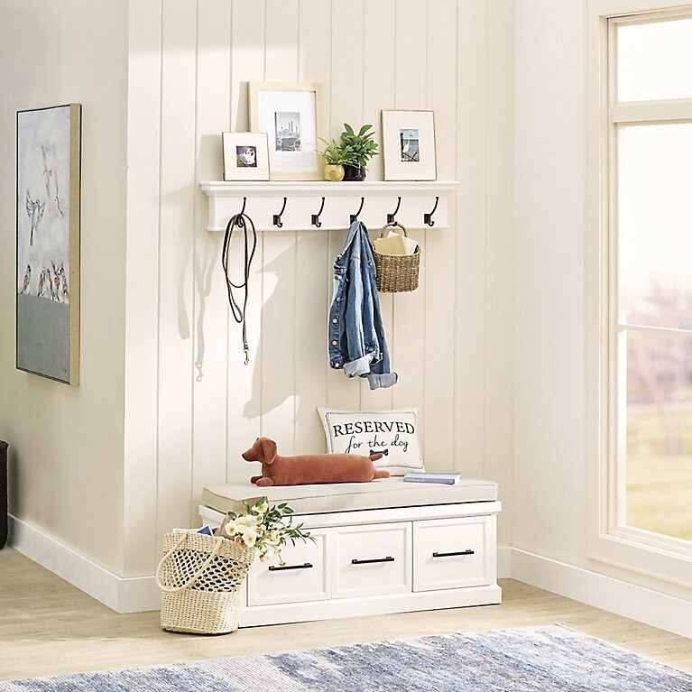 White Storage Bench with Three Drawers and Matching Hook Rack