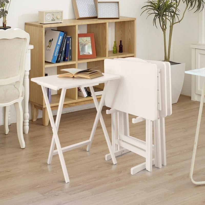 White Tray Table Set Folding Legs with Stand Compact Guest Furniture