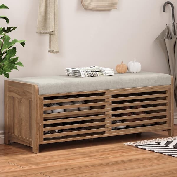 Whitewashed Entryway Storage Bench with Shutter Doors and Center Cubbies