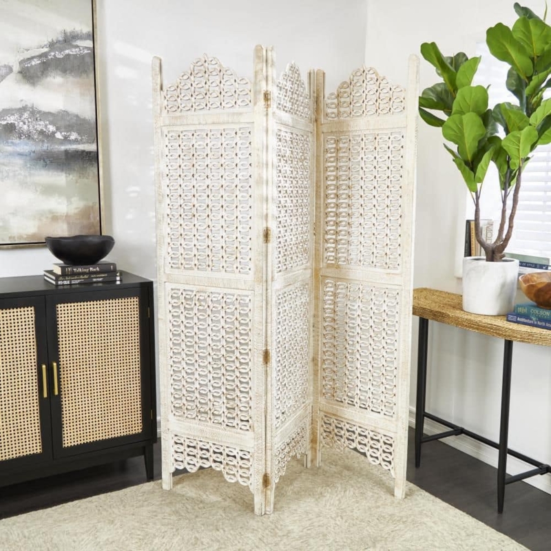 Whitewashed Room Divider Chain Link Pattern Geometric Cutouts Arched Top