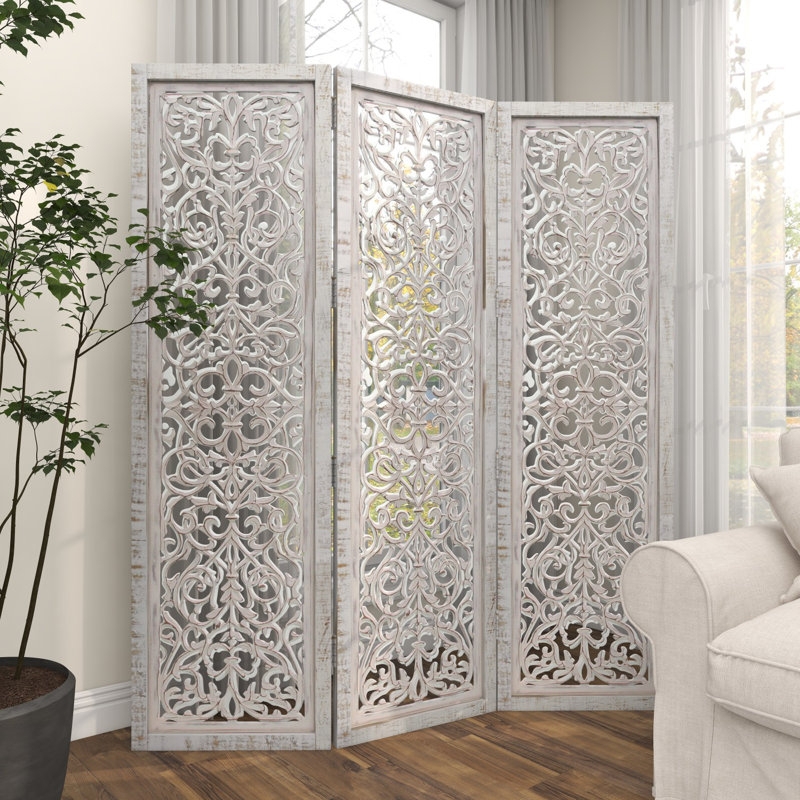Whitewashed Room Divider Floral Cutouts Distressed Wood Screen