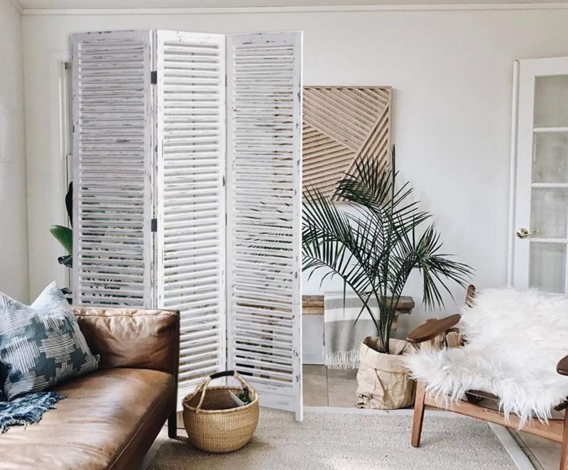 Whitewashed Room Divider with Louvered Shutter Slats