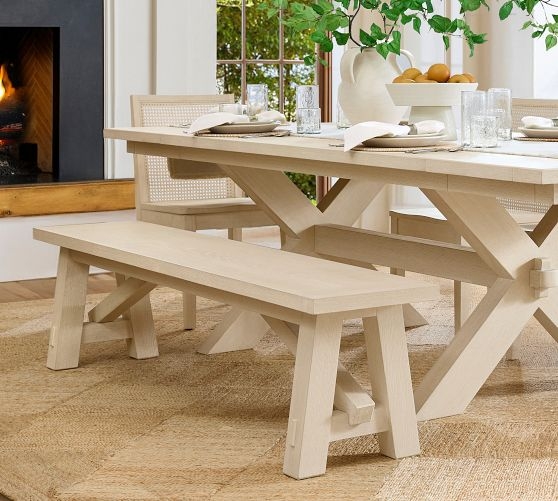 Whitewashed Trestle Dining Bench with X-Base and Solid Top
