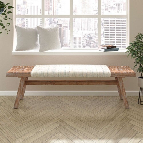 Whitewashed Wood Bench with Integrated Cushion and Splayed Legs