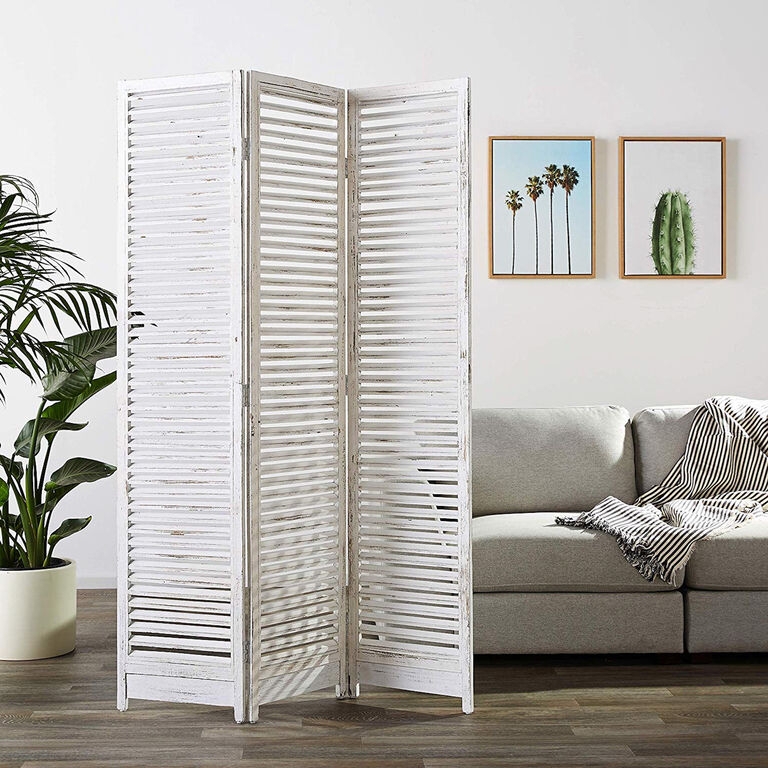 Whitewashed Wood Room Divider with Louvered Slats