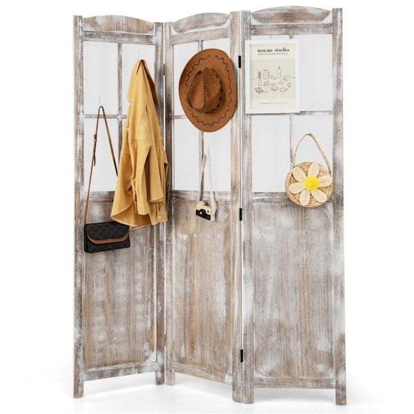 Whitewashed Wooden Privacy Screen With Integrated Hooks