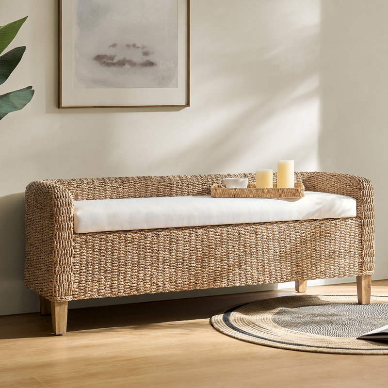Wicker Storage Bench with Braided Texture, White Cushion, Boho Coastal