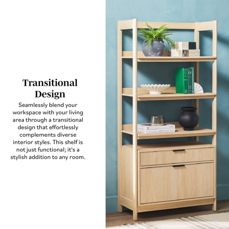 Wide Bookcase Scandinavian Reeded Glass Doors Coastal Oak Finish
