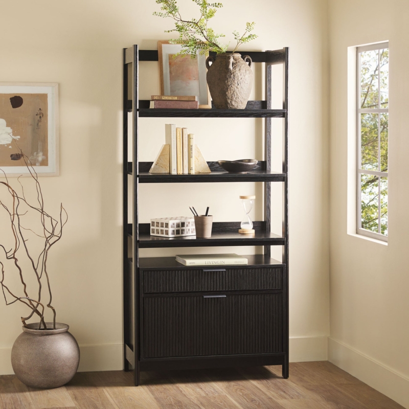 Wide Bookshelf Matte Black Reeded Sides Gold Hardware Drawers