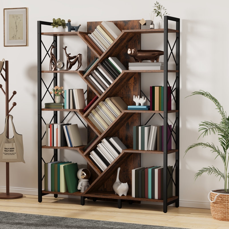 Wide Etagere Bookcase, 5-Tier Matte Black Frame with X-Back Brace