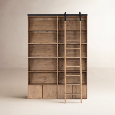 Wide Farmhouse Bookcase With Crown Molding And Base Cabinets