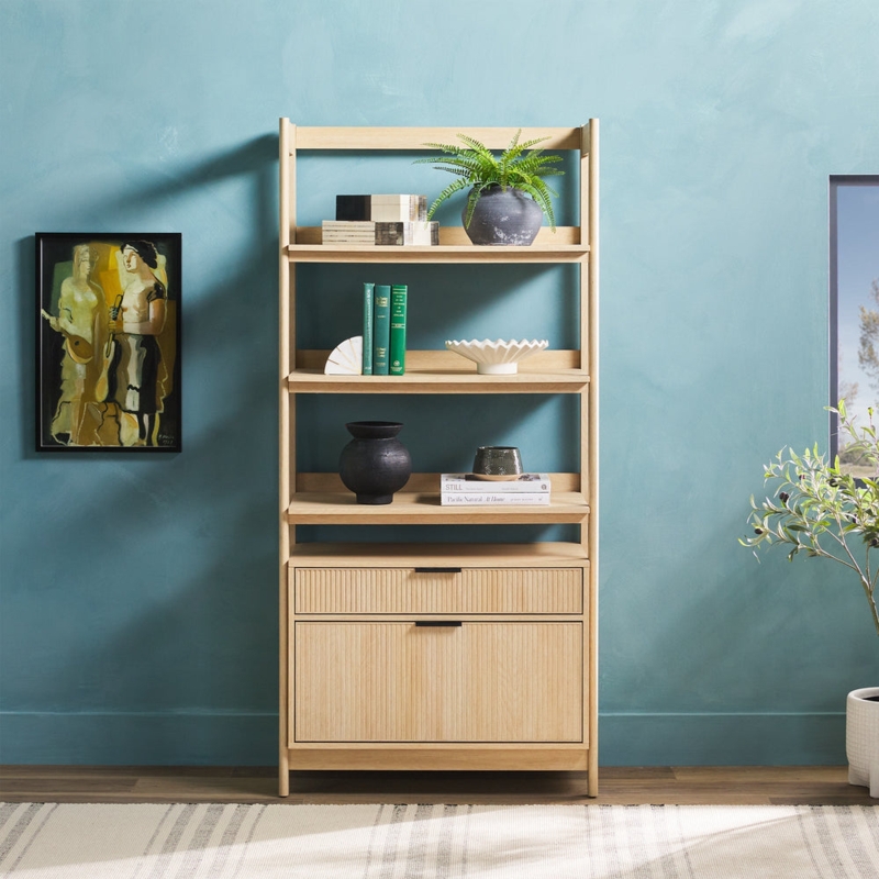 Wide Frame Bookshelf Reeded Doors Coastal Oak Display Case