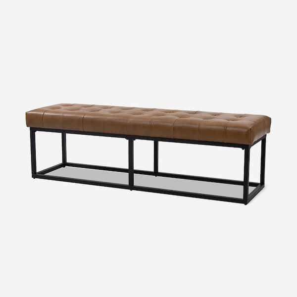 Wide Profile Bench, Camel Leather-Like, Button Tufted, Metal Base