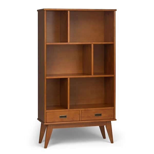 Wide Teak Brown Bookcase with Solid Hardwood Cabinet Base