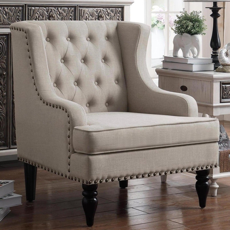 Wide Wingback Chair Grey Upholstery Diamond Tufting Transitional